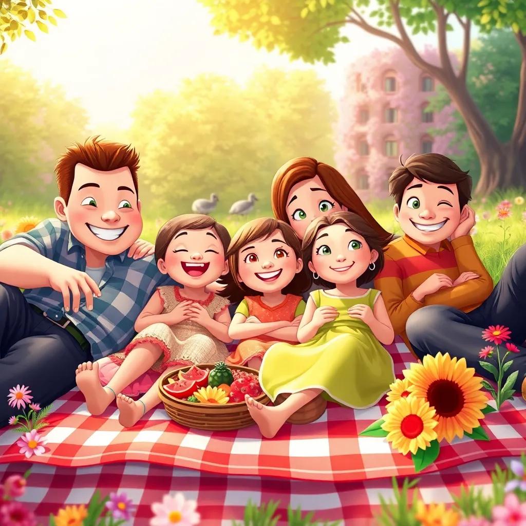 The family going on a picnic together, laying on a picnic blanket, surrounded by nature and flowers, smiling and enjoying the day together, vibrant colors, cheerful atmosphere