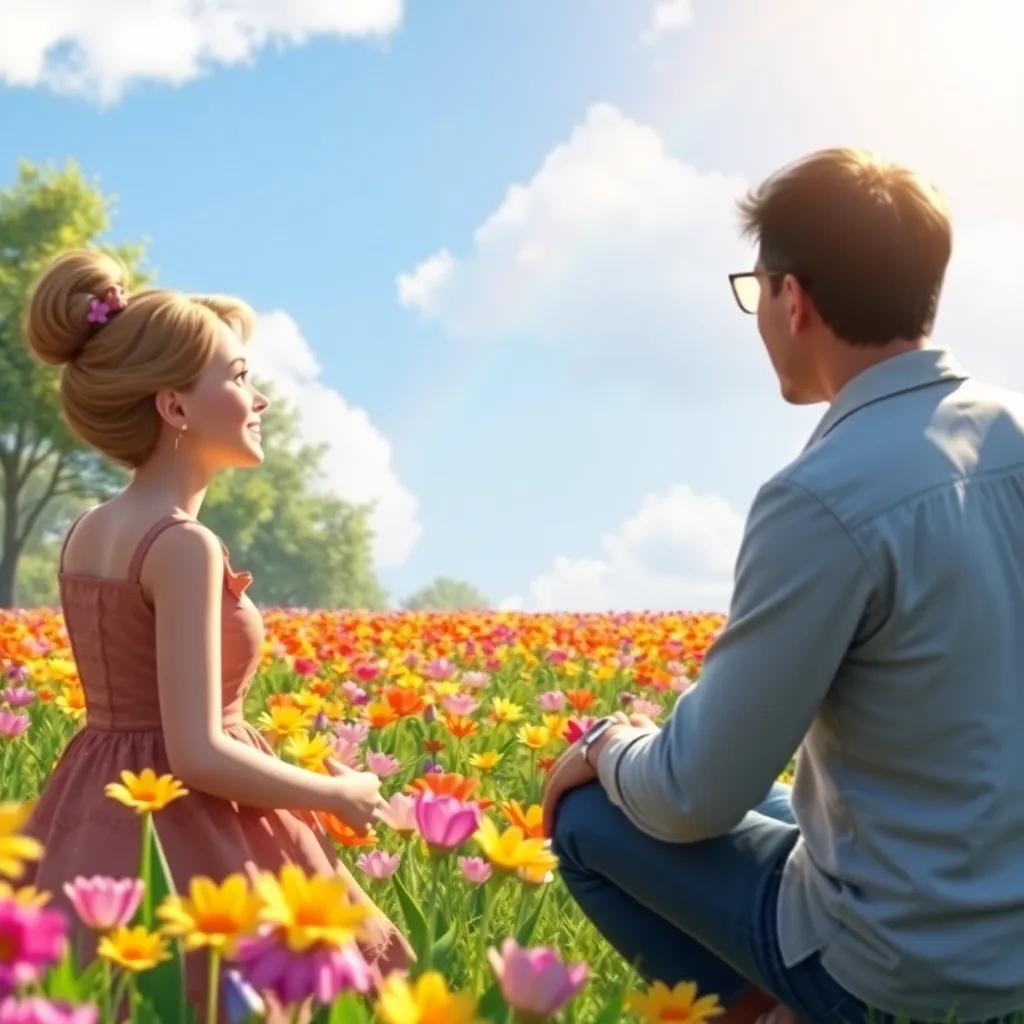 The family observing beautiful rainbow flowers in the park, with bright colors and a clear sky, a magical moment, enchanting scenery
