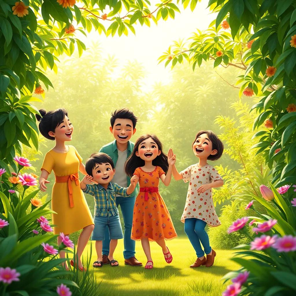 The family singing and dancing in the lush green garden, filled with laughter and happiness, bright colors, vibrant joy, heartwarming