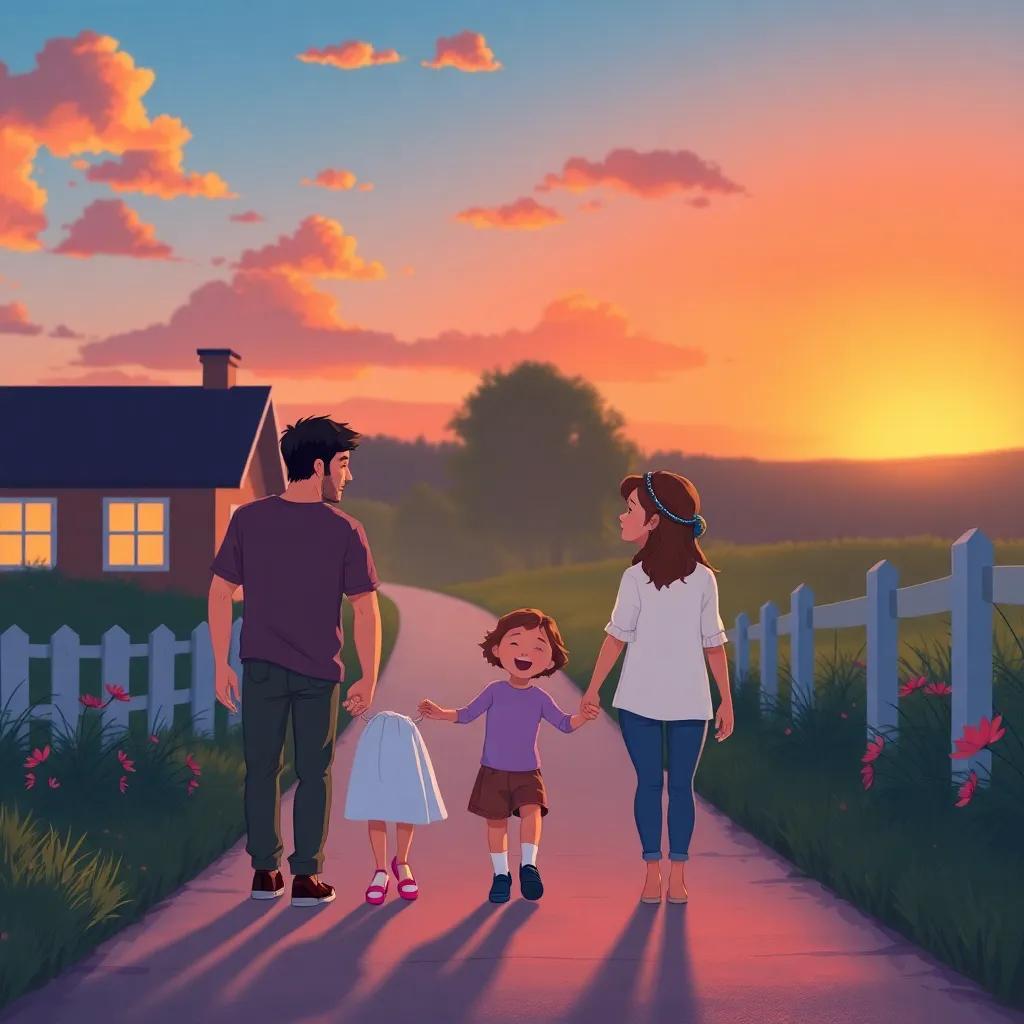 The family walking back home together, under a beautiful sunset, holding hands and chatting, heartwarming colors, joyful end scene