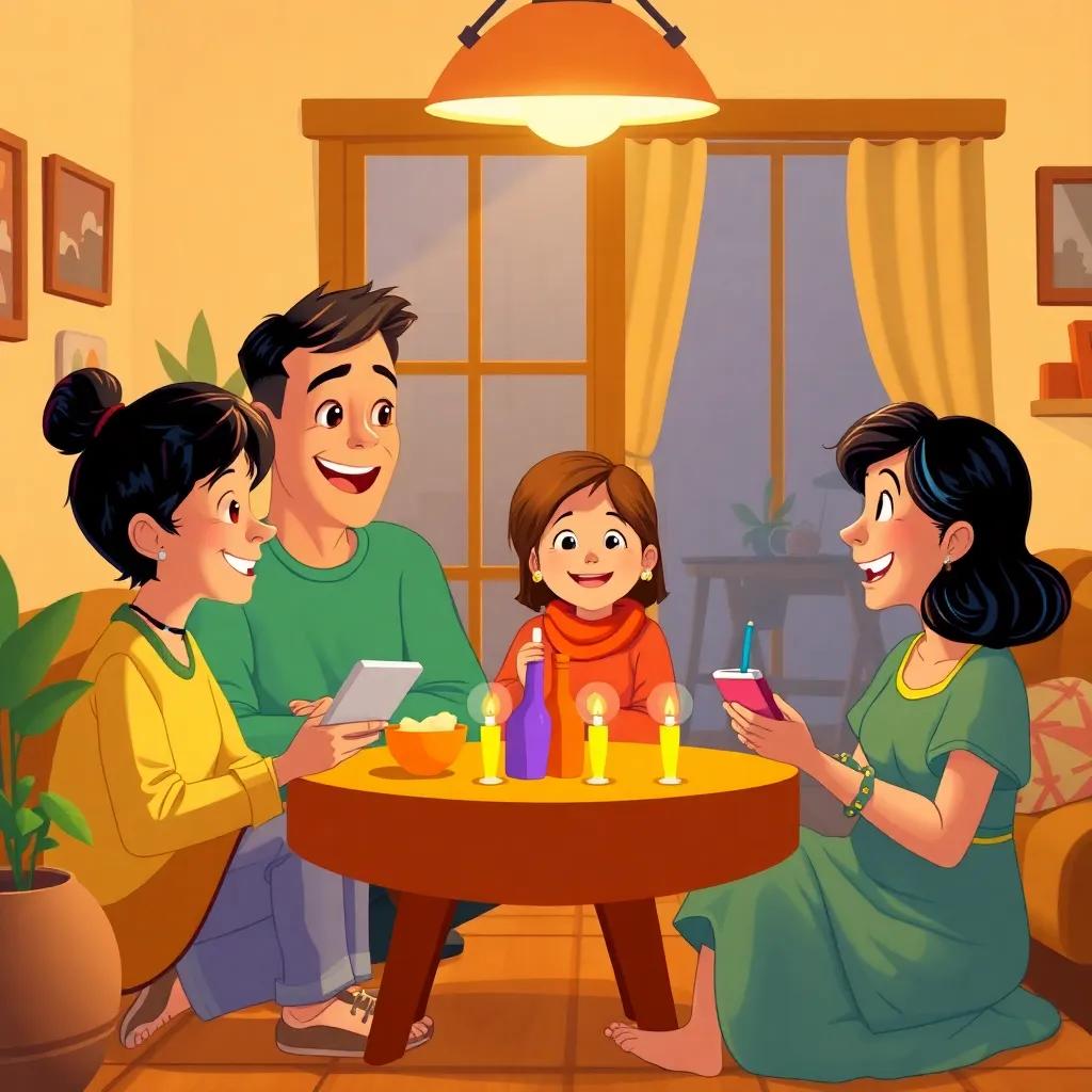 The family gathered at home, sharing stories of their day, warm and cozy atmosphere, happiness radiating, colorful, cartoon style