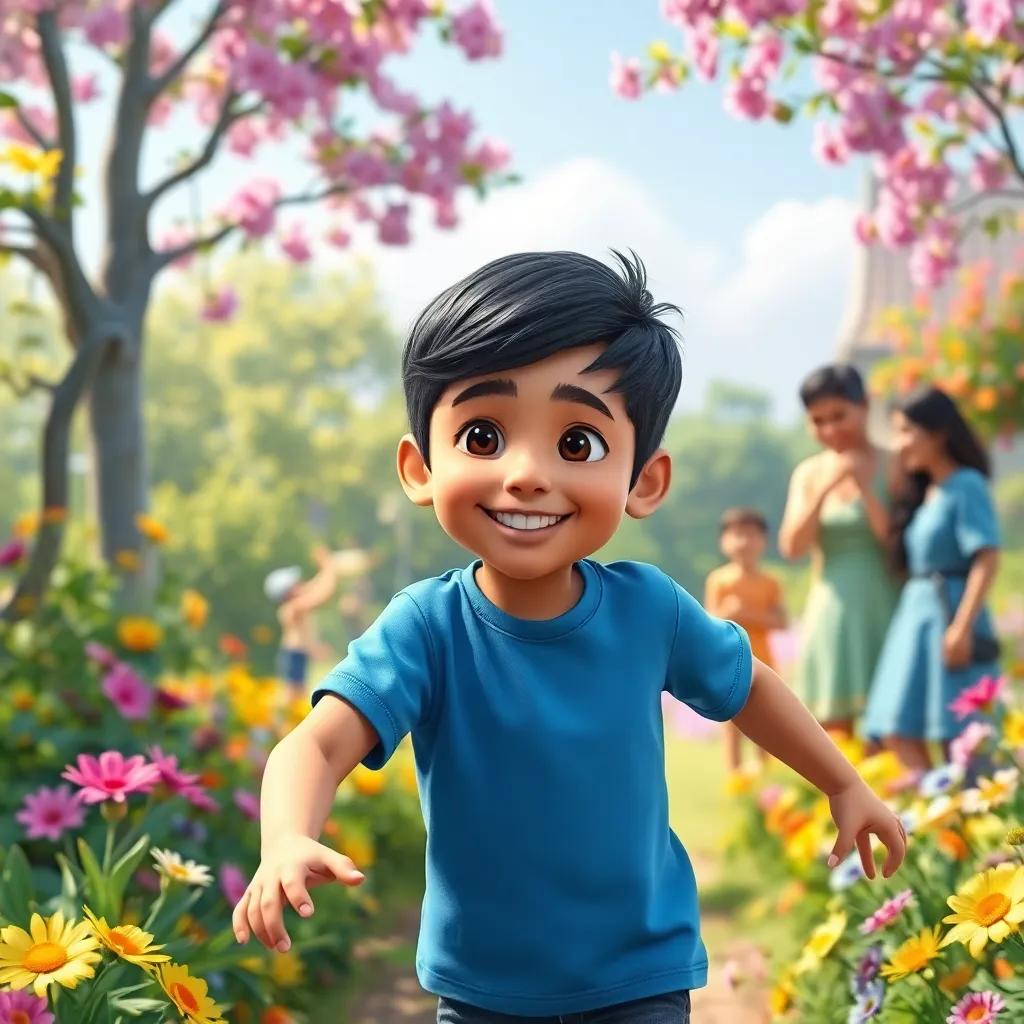A young Arab boy, Sami, with short black hair wearing a blue t-shirt, playing in a beautiful garden with his family, colorful flowers around, joyful atmosphere, digital art, bright colors, cheerful feeling, high quality