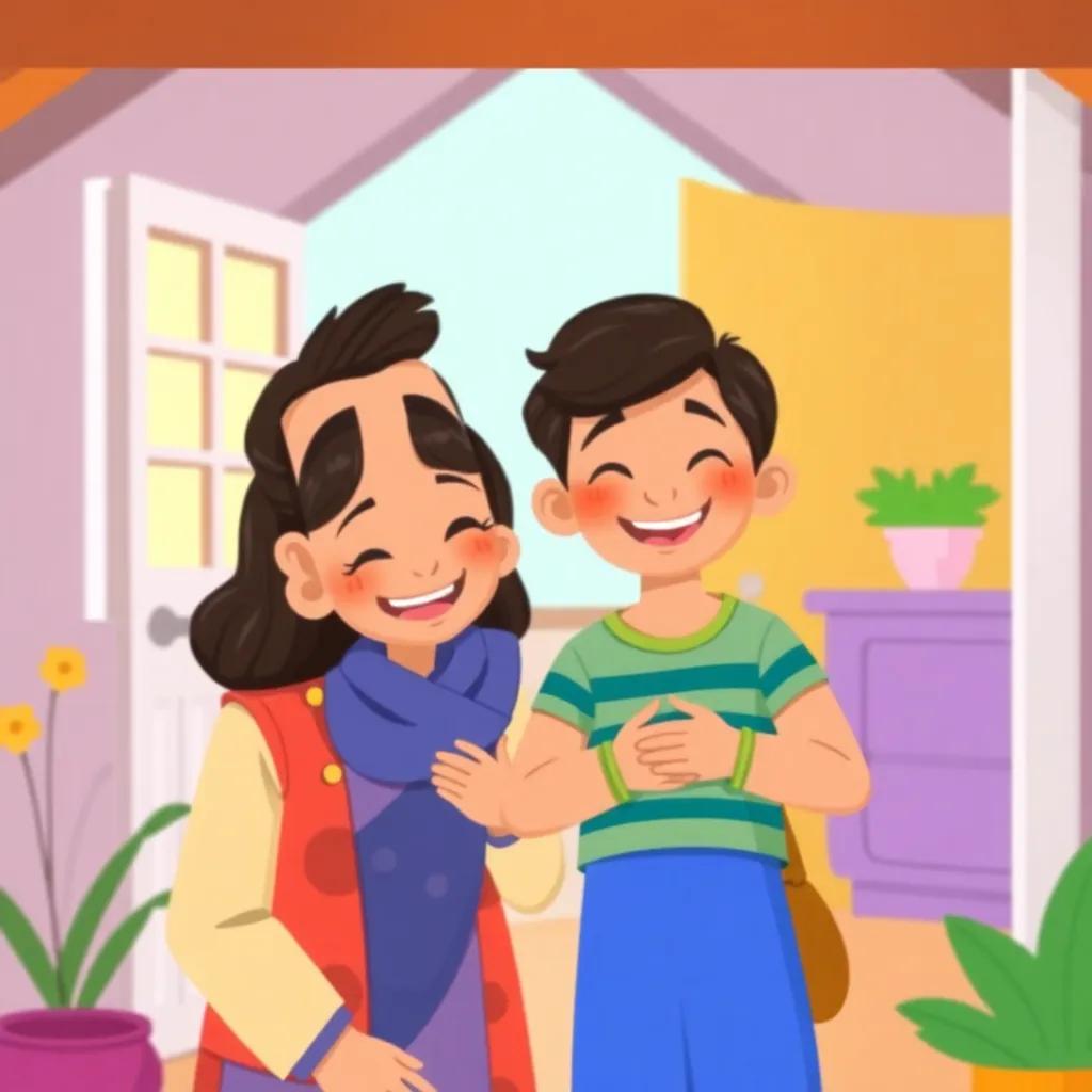 A kind father and a loving mother with their son Ali in a bright, colorful house, smiling and happy together, digital art, vibrant colors, cheerful atmosphere