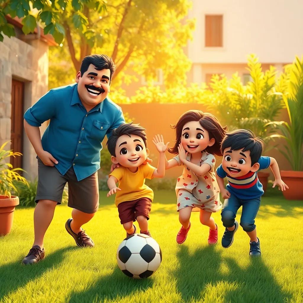 A happy family in Baghdad, children playing football in the garden, warm sunlight, smiles on their faces, cheerful atmosphere, vibrant colors, digital art, high quality