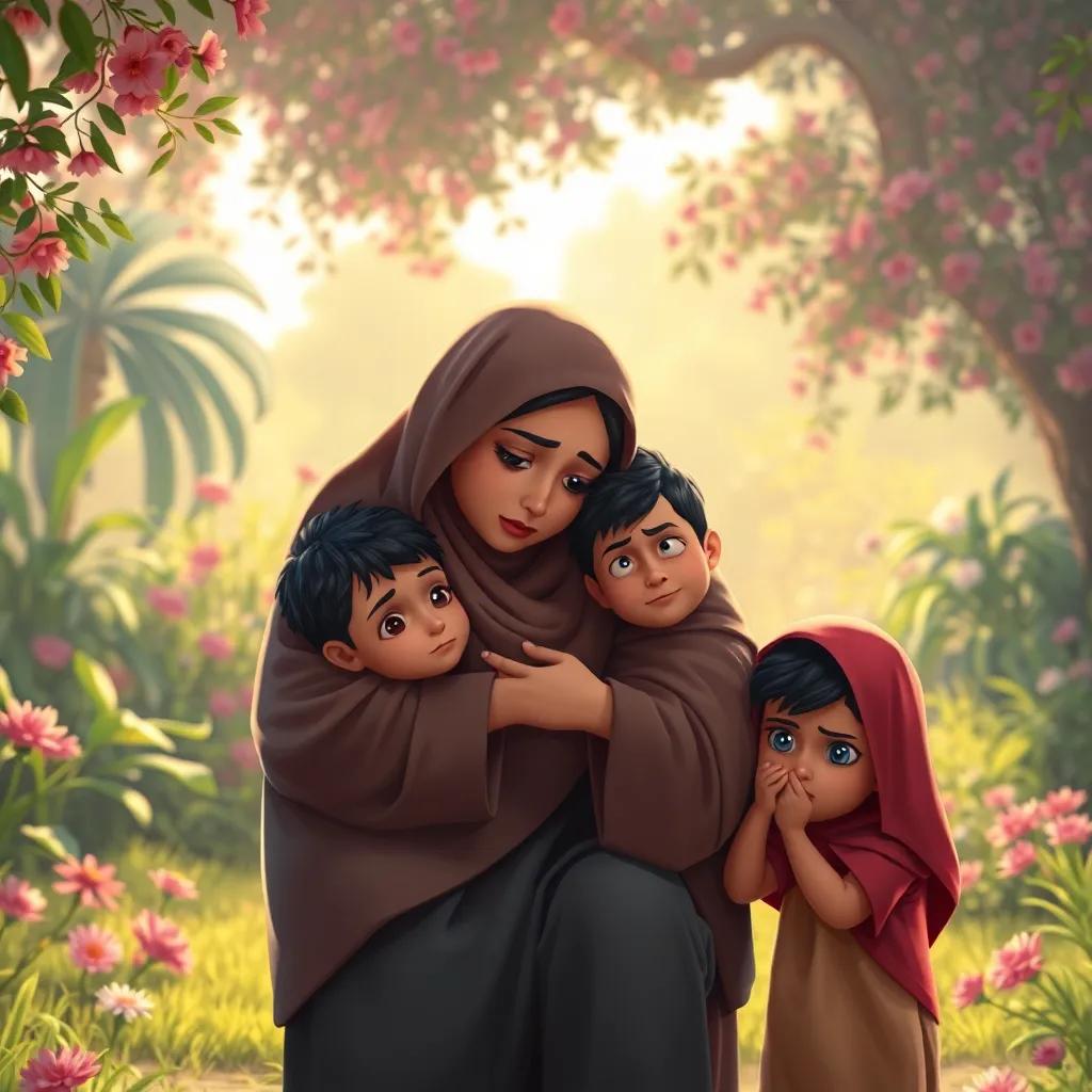 A concerned family in Baghdad, a mother comforting her children, beautiful garden background, soft light, warm colors, emotional atmosphere, storytelling view, high quality