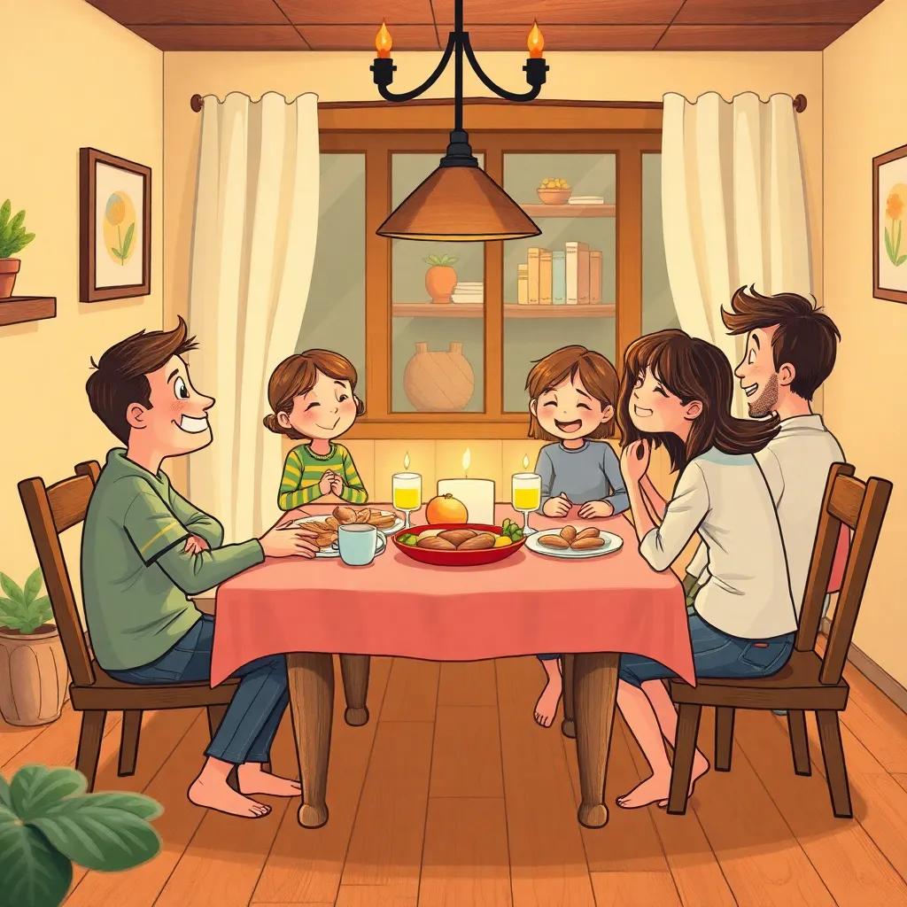 A cozy dining table in a warm home, where family members are gathered, exchanging stories and laughing, illustration, inviting atmosphere, happy expressions, child-friendly