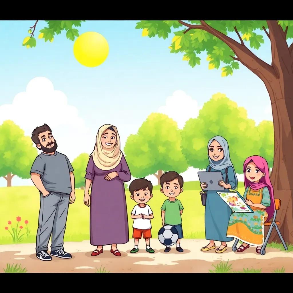 A sunny park scene with Sami's family, his father Ali, a 40-year-old man wearing casual clothes, mother Fatima, a 38-year-old woman in a dress, older brother Karim playing football, brother Yusuf next to a computer, and sister Leila happily painting, illustration, vibrant colors, family bonding, high quality