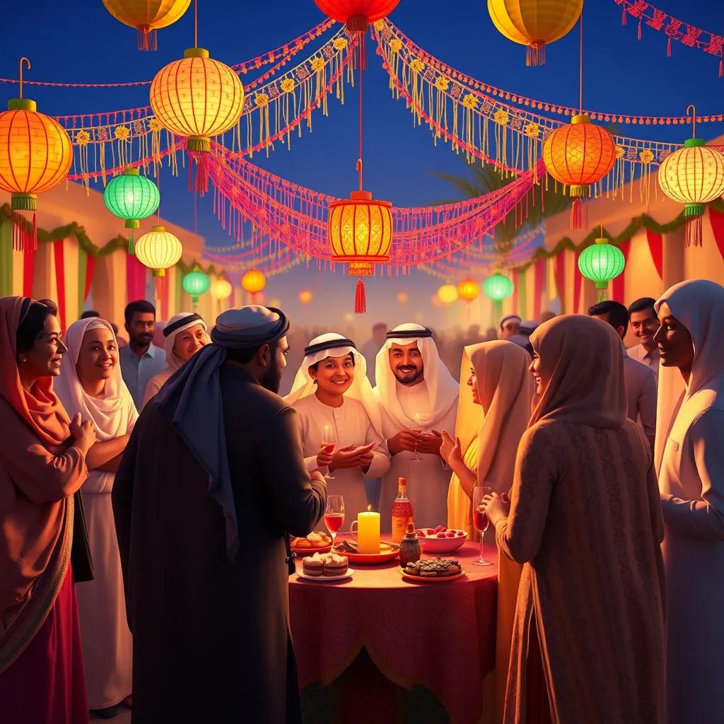 A vibrant Emirati celebration with families and friends gathered, colorful decorations and traditional clothing, festive mood, joyful atmosphere, digital art, warm colors, high quality
