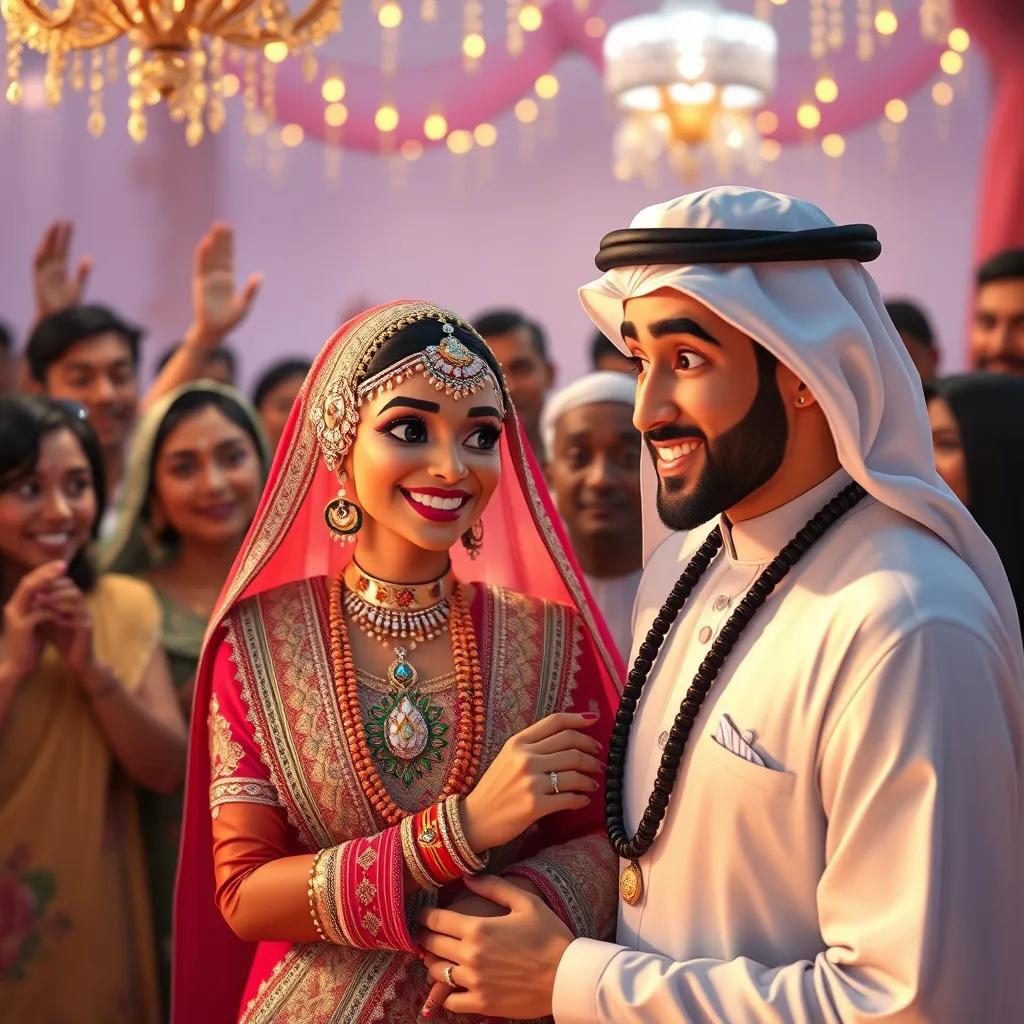 An Emirati engaged couple, the bride in a colorful traditional dress and jewelry, the groom in a white kandora, happy friends and family celebrating, rich and lively colors, storytelling view, high quality
