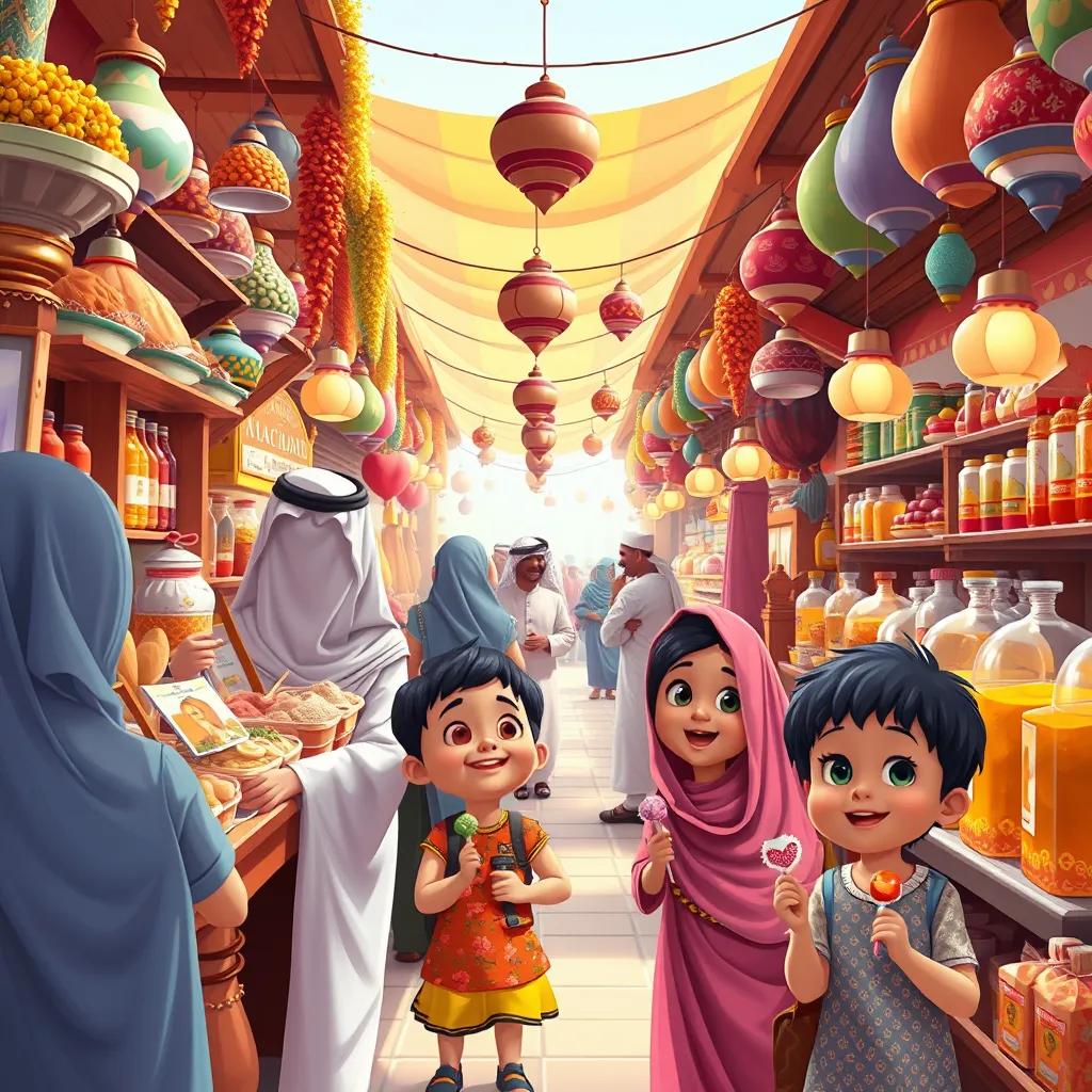 A colorful Emirati market filled with spices and perfumes, children with treats, the sound of laughter echoes, detailed illustration, bright and cheerful, inviting ambiance, high quality