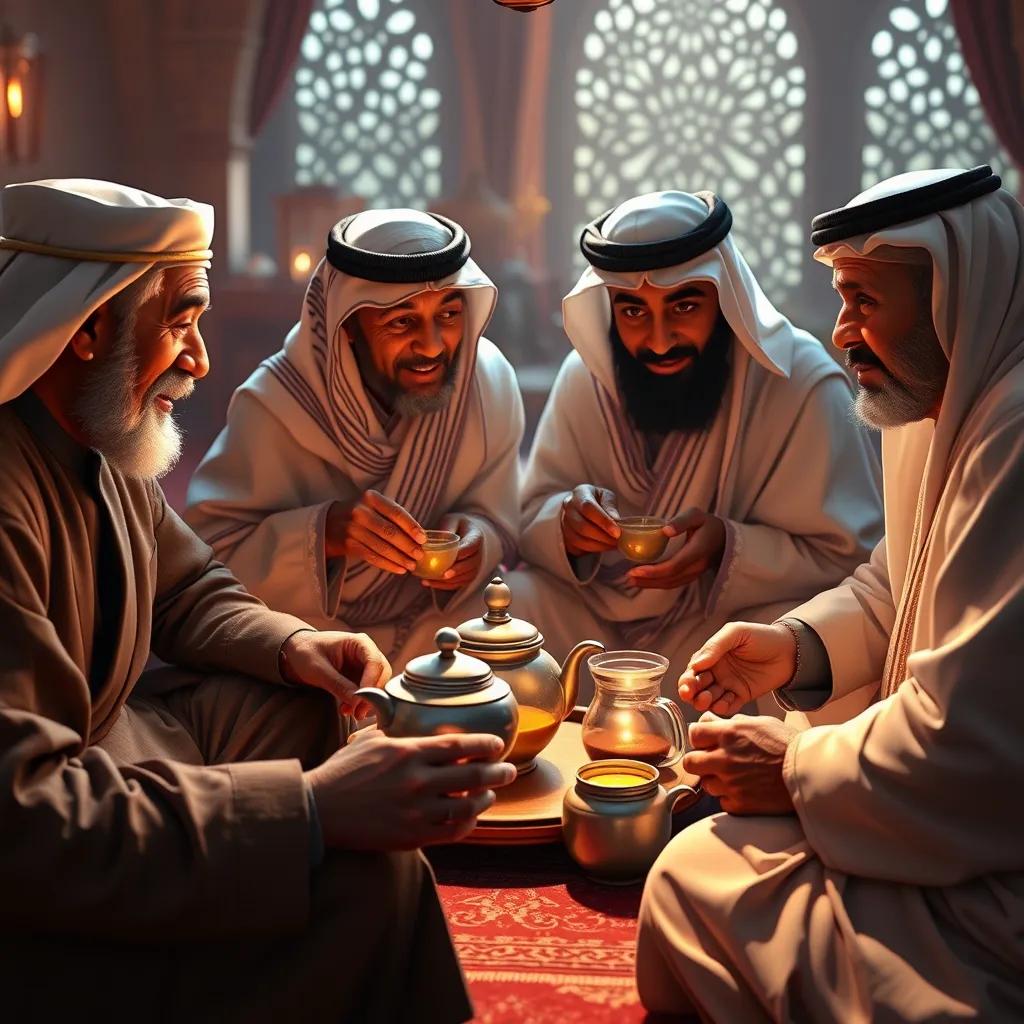 An Emirati tea session with elders sharing stories and traditions, using traditional teapots and cups, warm light, intimate setting, cozy atmosphere, intricate details, high quality