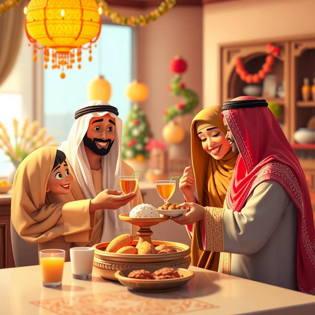 An Emirati family showing hospitality, serving traditional sweets and drinks to guests, warm and inviting environment, festive decorations in the background, bright colors, heartwarming scene, high quality
