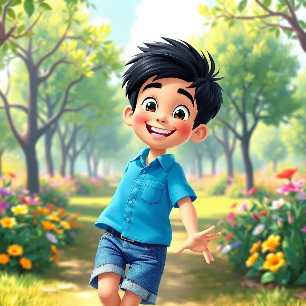 A cheerful boy named Sami, with short black hair, wearing a bright blue shirt and denim shorts, playing in a sunny park filled with trees and flowers, vibrant colors, cheerful atmosphere, joyful expression, digital art