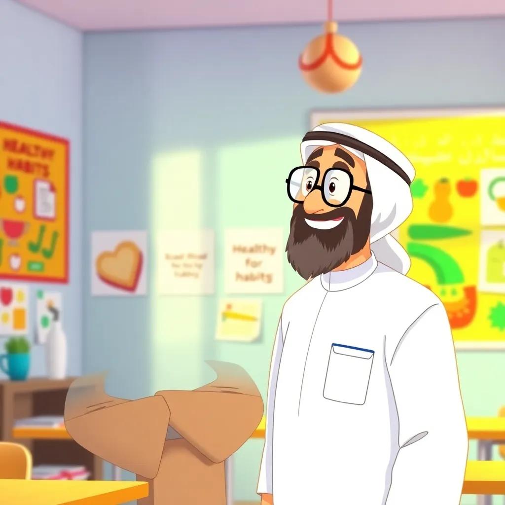 A kind teacher named Haj Yousef, a middle-aged Arab man with a beard, wearing a white thobe and glasses, standing in a bright classroom with colorful posters, smiling at Sami, encouraging healthy habits, warm light, inviting environment, illustration
