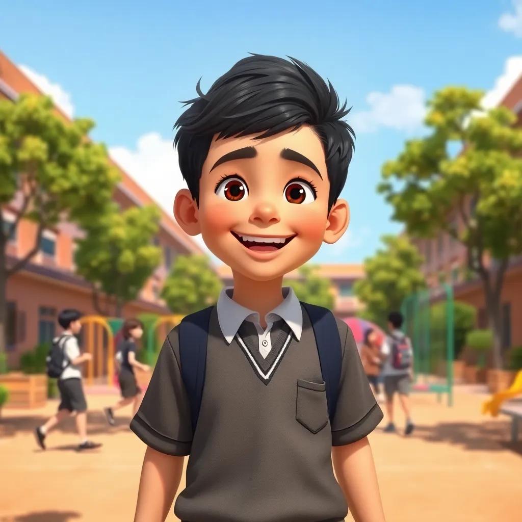 A young Arab boy, Adel, with short black hair, wearing a school uniform, happily playing with friends in a schoolyard filled with playground equipment and trees, sunny day, vibrant and joyful atmosphere, digital art, high quality