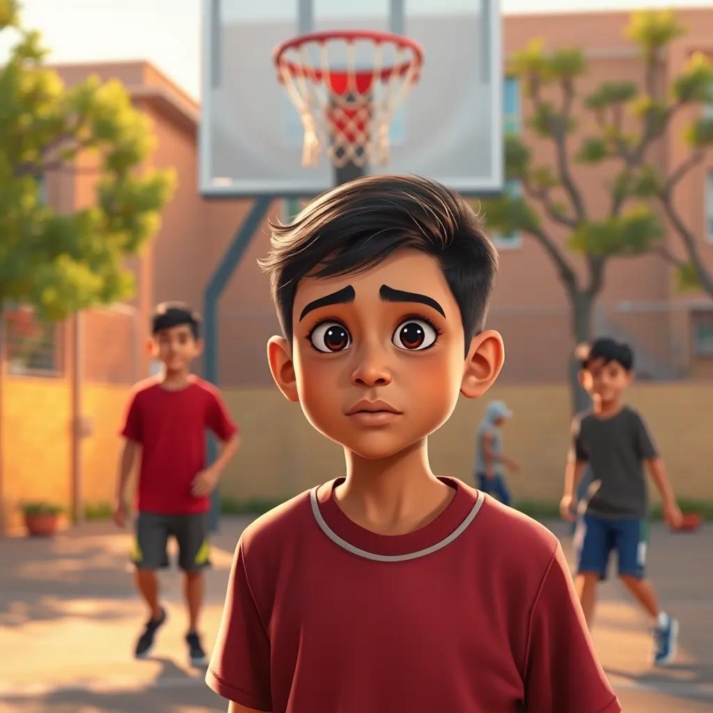 A young Arab boy, Adel, looking determined, practicing basketball with friends in a schoolyard, basketball hoop in the background, enthusiasm and teamwork, warm light, colorful scene, digital painting, engaging view