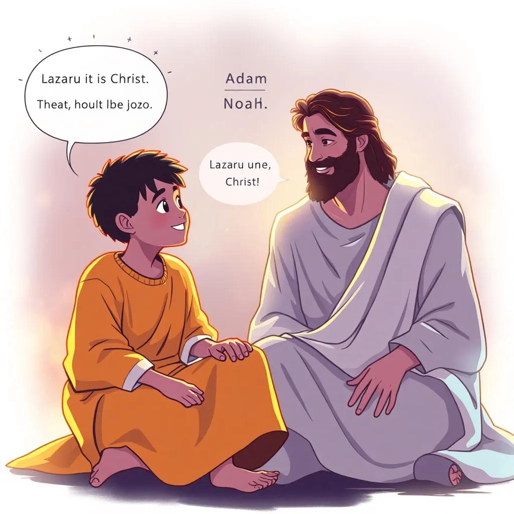 A young boy, Lazarus, with simple, bright clothing, sitting near Christ, both smiling, as they talk about great figures like Adam and Noah, with a magical atmosphere around them, simple yet enchanting illustration, warm light, friendly vibe