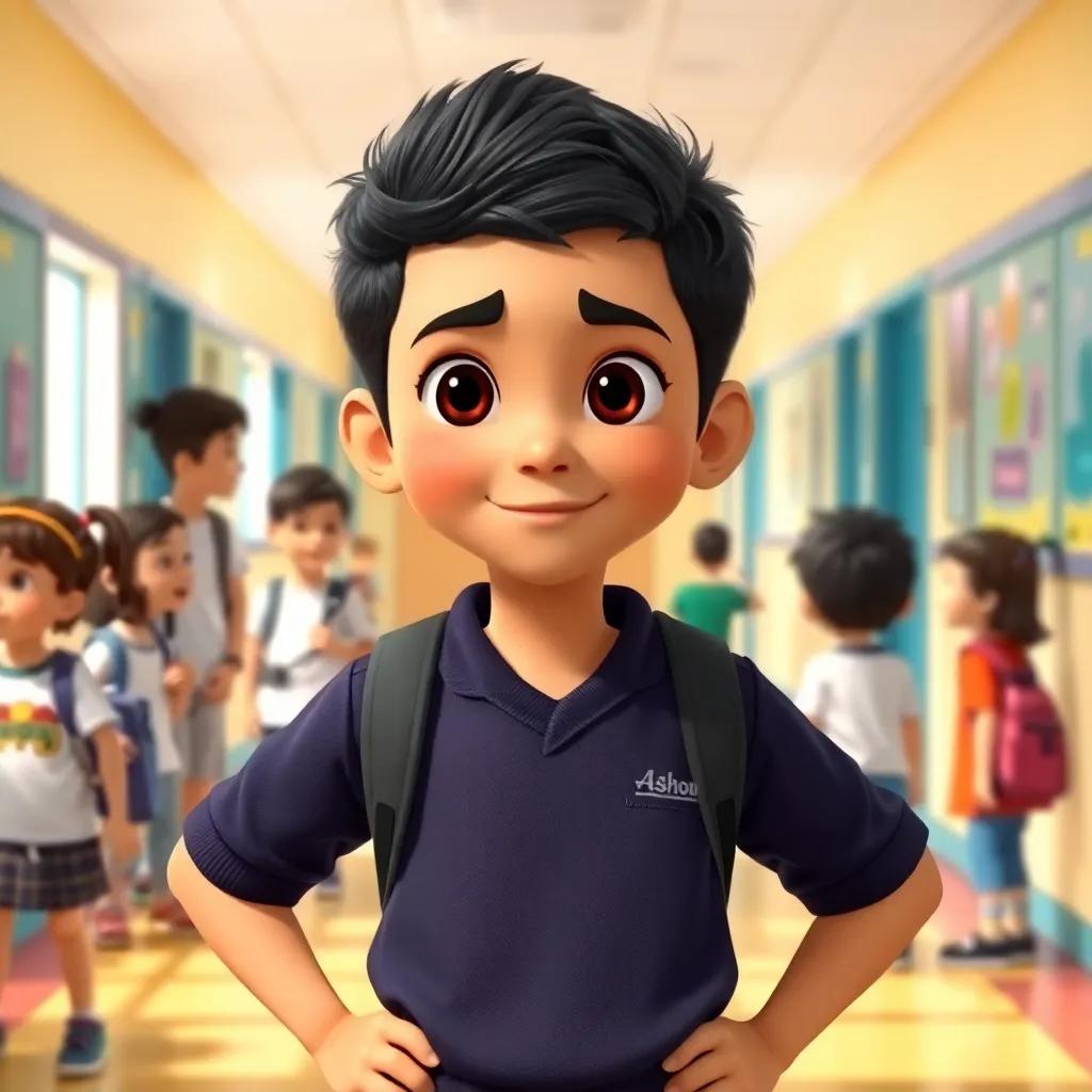 A young Arab boy, Ashour, with short black hair, wearing a school uniform, standing confidently in a school hallway, surrounded by playful students, bright and lively atmosphere, cheerful colors, child-friendly digital art