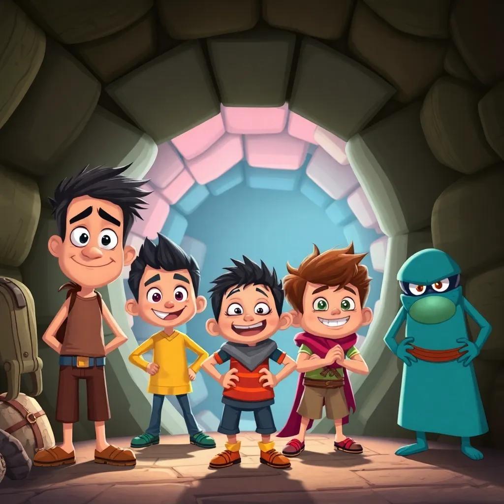 A group of funny characters entering a mysterious underground vault, Ashour with a determined look, Sid, a silly boy with a big smile, Zizo, a strong boy looking brave, and Mr. Ramzi looking sneaky, colorful illustration, whimsical and adventurous scene