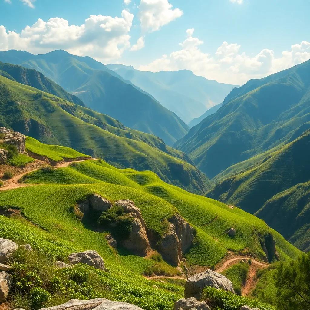 A beautiful mountain landscape in Haraz, with green terraces of coffee beans like a lush carpet on the rocks, in a vibrant, warm light, colorful, inviting, high quality