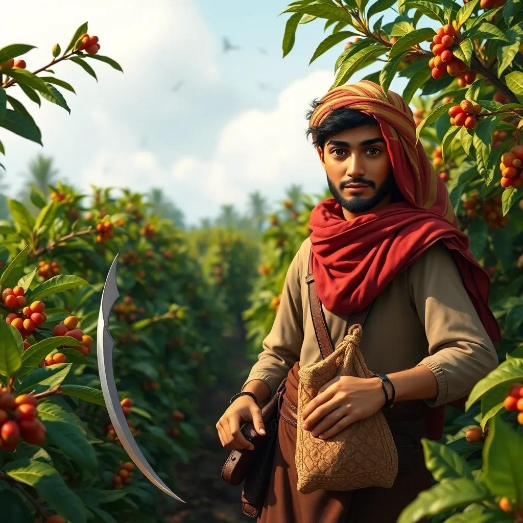 A young Yemeni man, Asim, standing among the coffee plants, looking determined with a curved dagger in one hand and a bag of dates in the other, detailed, vibrant, adventurous, high quality