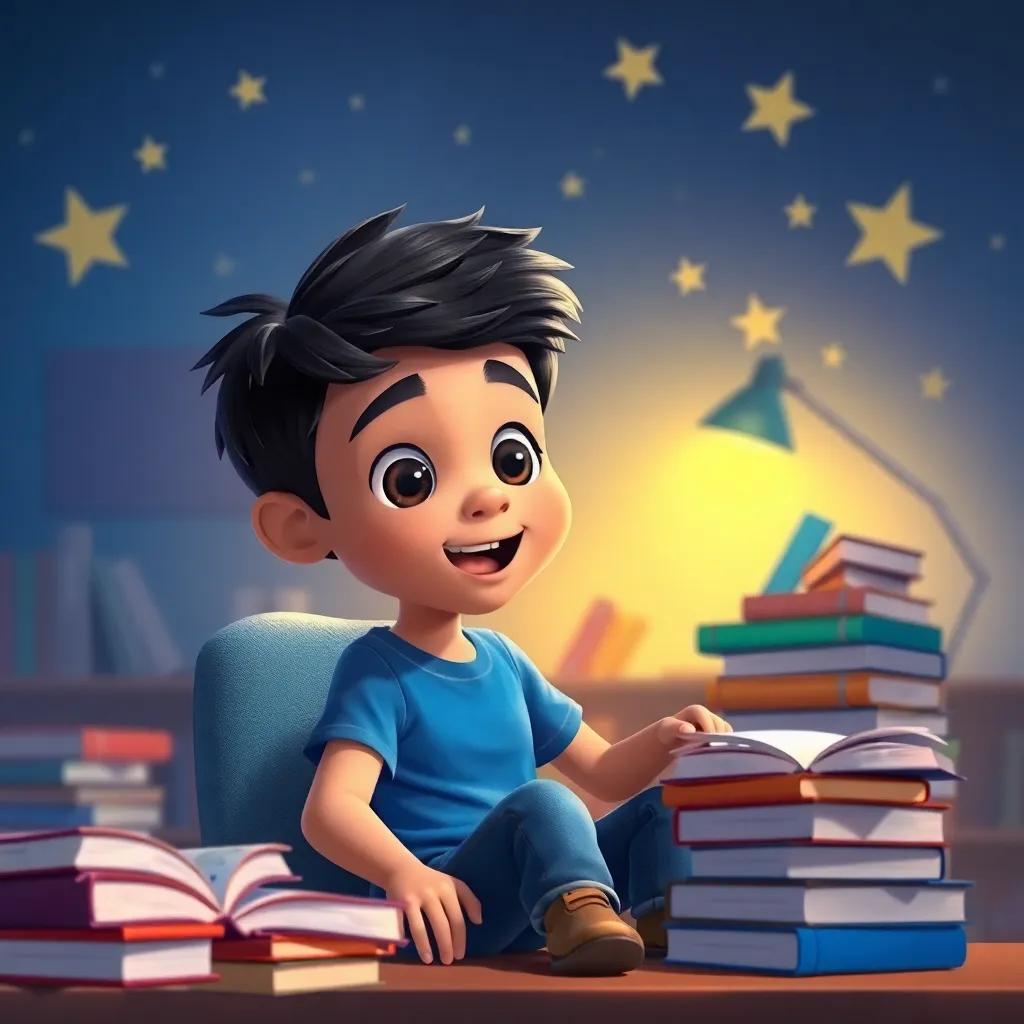 A young Arab boy, Sami, with short black hair, wearing a blue t-shirt and jeans, sitting at his desk surrounded by books and stars, looking excited, digital art, colorful, imaginative atmosphere, high quality