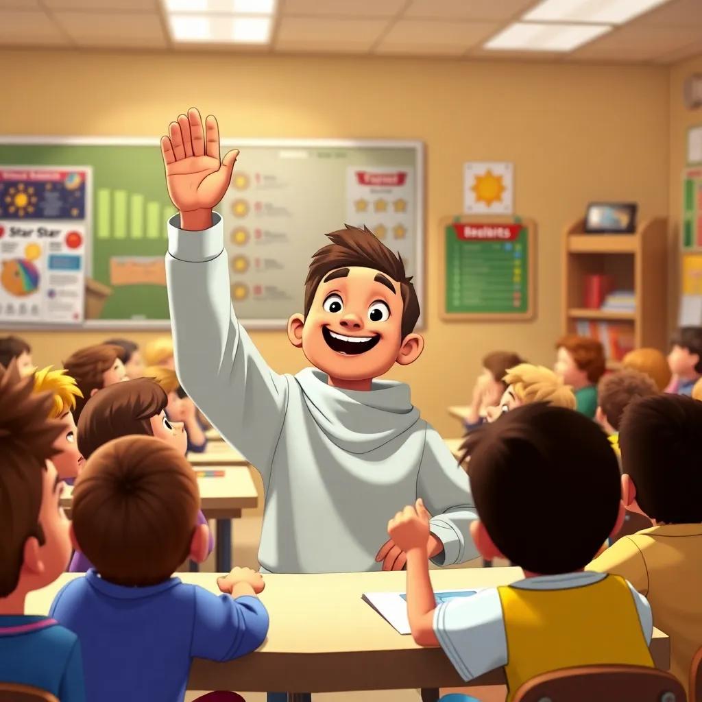 A classroom filled with children, Sami raising his hand eagerly, the teacher smiling, books and charts about stars on the walls, lively, engaging environment, bright colors, child-friendly