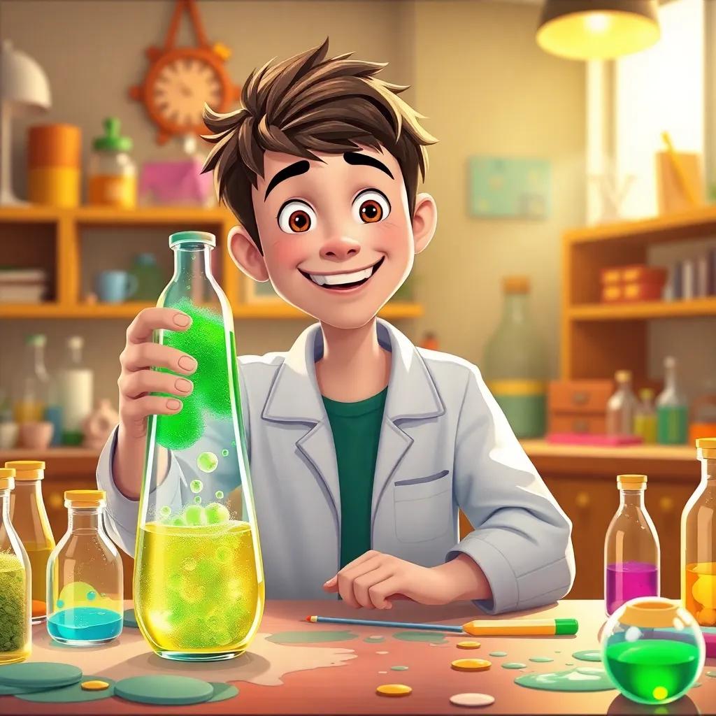 Sami conducting an experiment with a bottle, green bubbles rising, a big smile on his face, a colorful lab table, fun and messy science lab, warm light, joyful scene, detailed, high quality