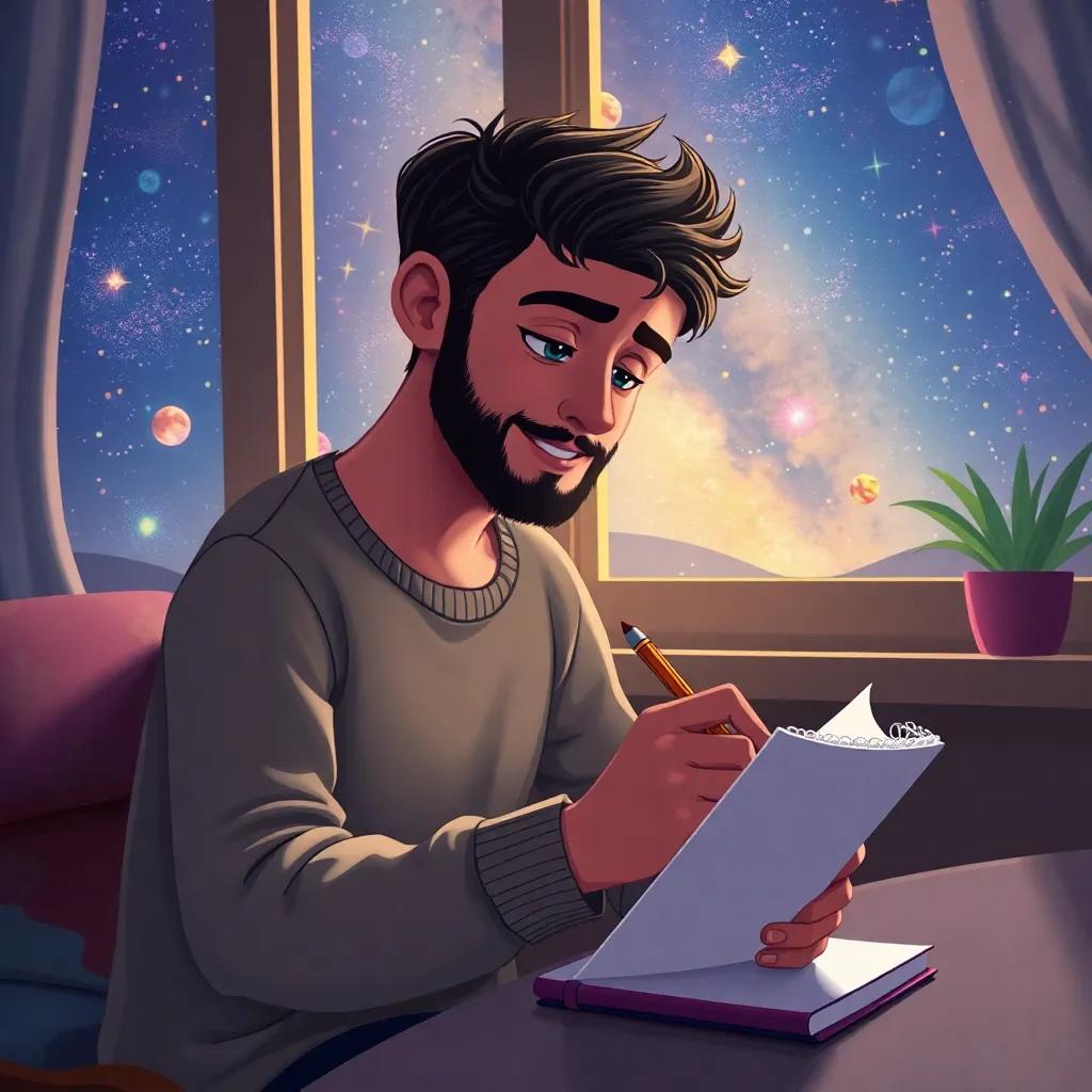 Sami with a pencil and notepad, writing his ideas, a backdrop of stars and galaxies outside the window, inspiring and dreamlike, soft light, cozy atmosphere, colorful illustration