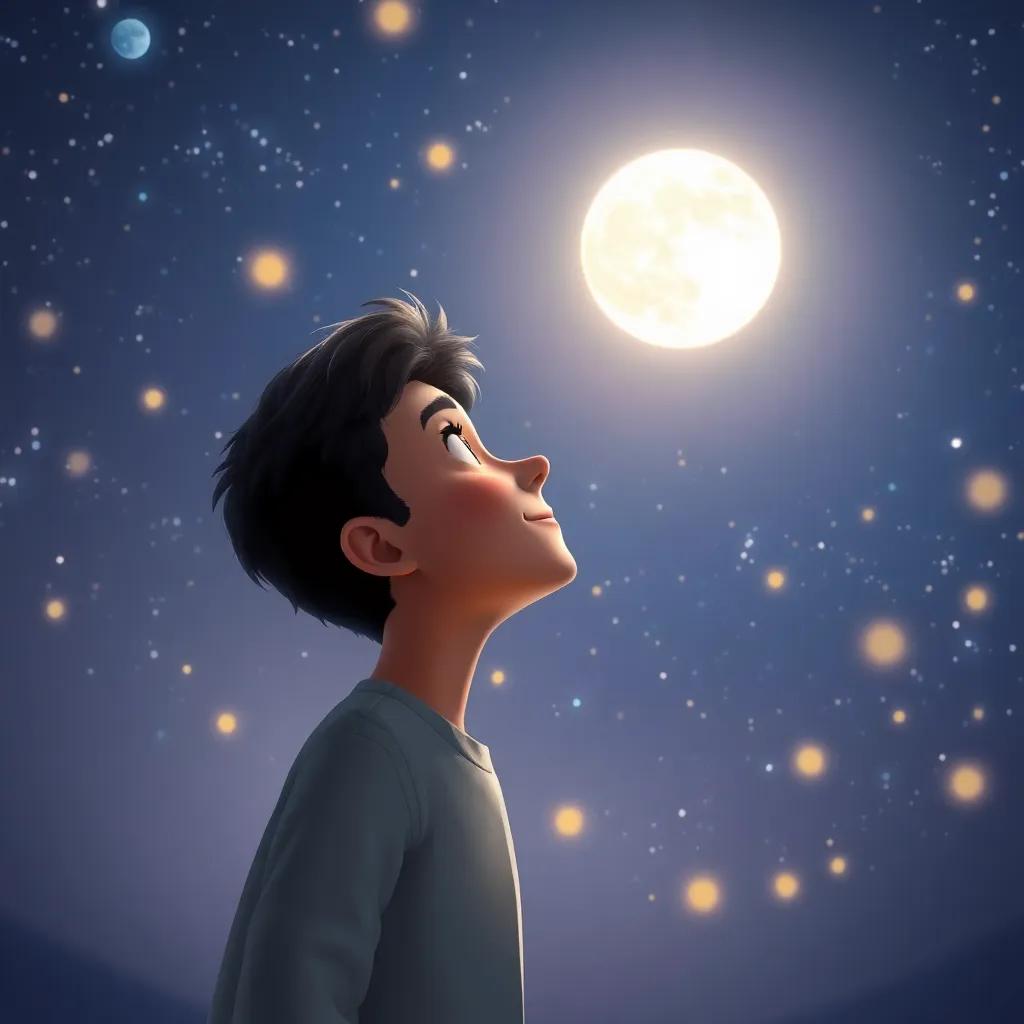 Sami gazing at the starry sky, a hopeful expression on his face, the moon shining bright, surrounded by glowing stars, magical and uplifting, high quality digital art, heartwarming