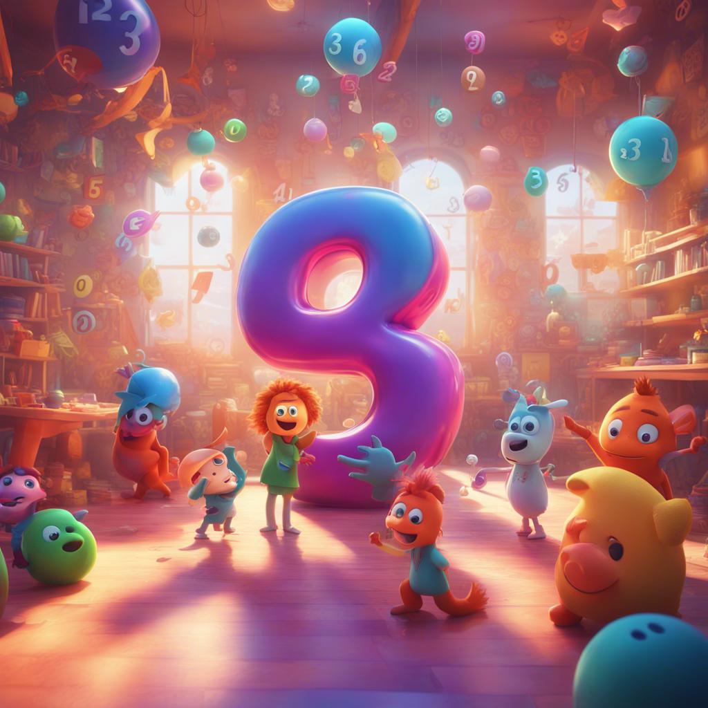 A magical world filled with numbers, with colorful number characters like 1, 2, 3, 4, talking and playing together in a bright setting, digital art, vibrant colors, cheerful atmosphere, high quality