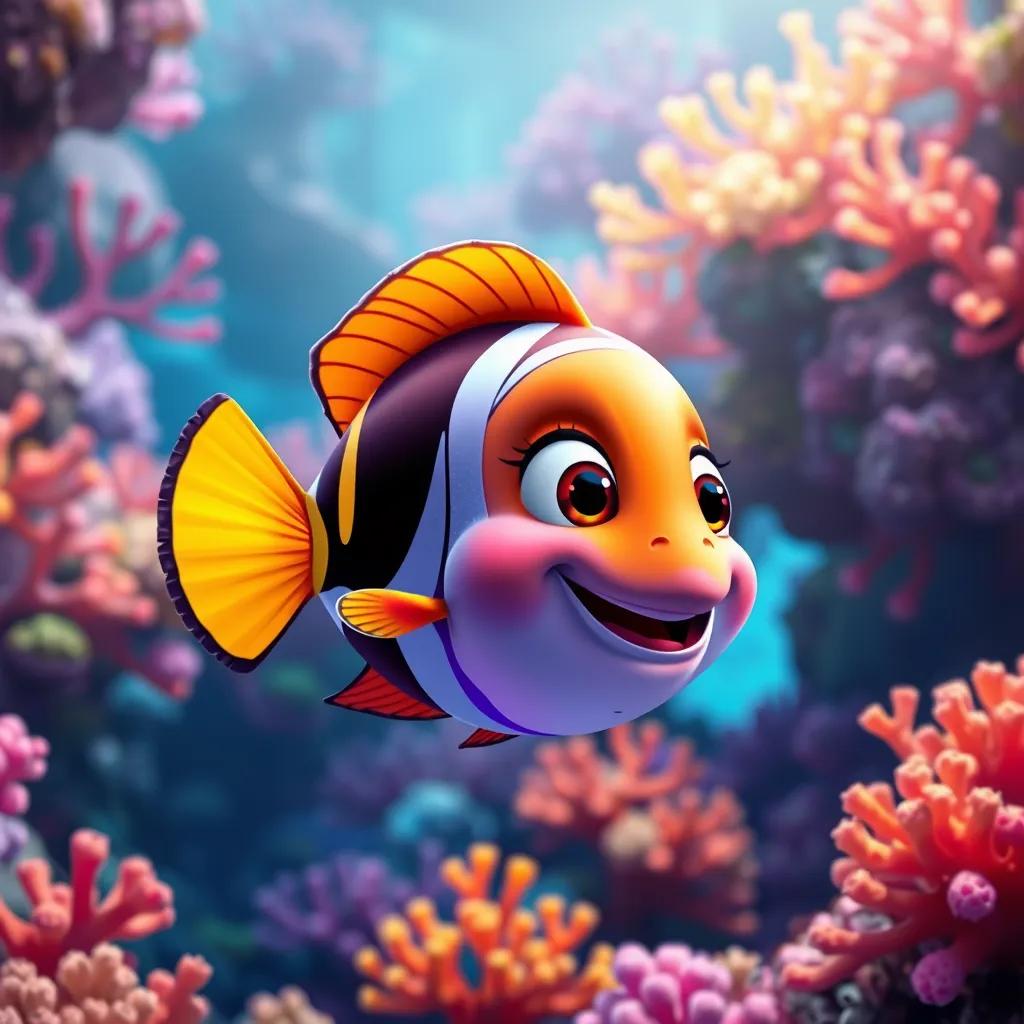 A colorful little fish, Lolo, swimming in a beautiful coral reef full of vibrant colors, digital art, underwater scenery, bright atmosphere, high quality