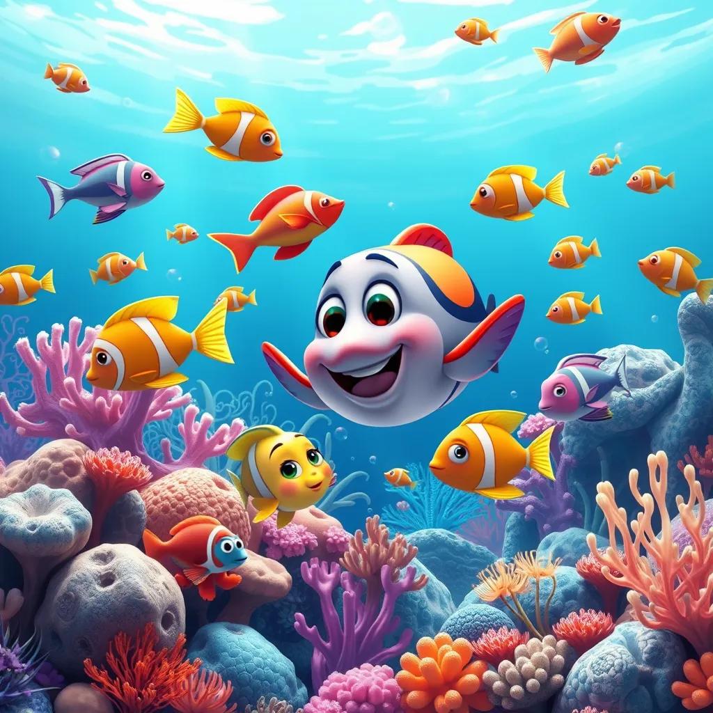 A beautiful coral reef with colorful fish playing around Lolo, detailed illustration, bright colors, cheerful setting, child-friendly