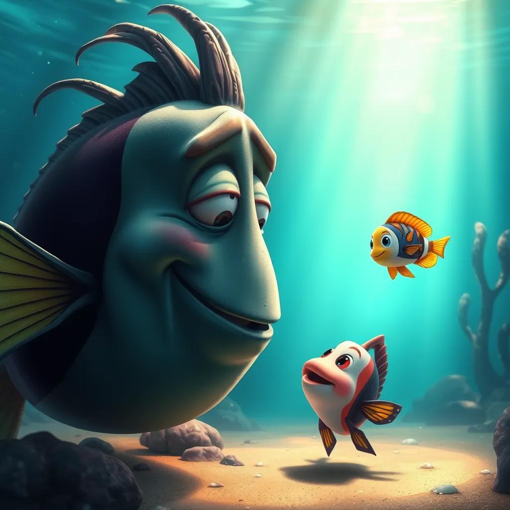 An old big fish telling stories to Lolo, the little colorful fish, underwater scene with sandy bottom, magical light, storytelling mood, vivid