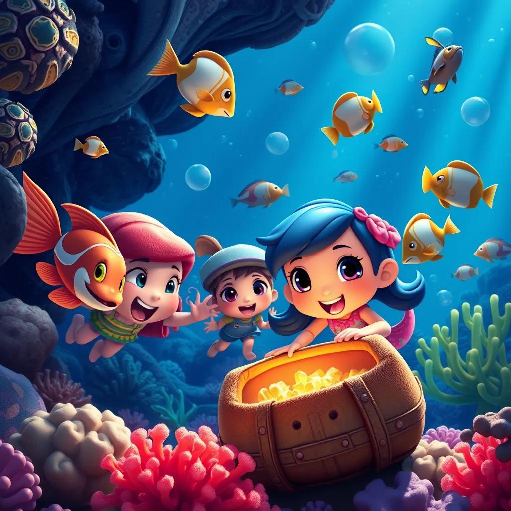 Lolo and her friends exploring the deep ocean looking for treasures, surrounded by fish and coral, exciting, vibrant colors, adventure-themed, high quality