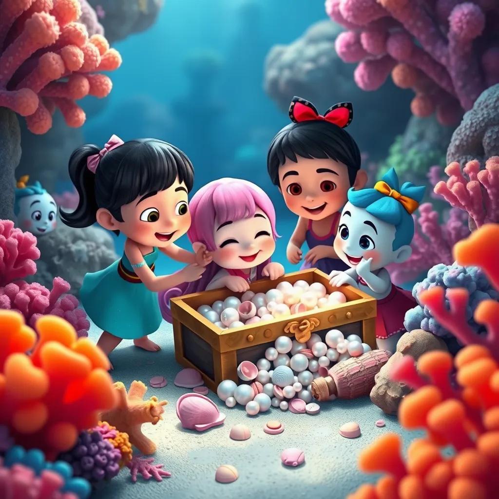 Lolo and her friends finding a treasure chest filled with pearls and shells amidst colorful coral, heartwarming scene, bright and joyful, uplifting imagery