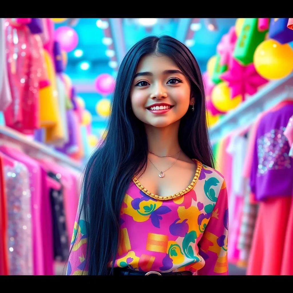 A young girl, Fatma, with long black hair, wearing a colorful stylish outfit, standing in a vibrant fashion store filled with sparkling clothes and bright colors, joyful expression, digital art, cheerful atmosphere, high quality