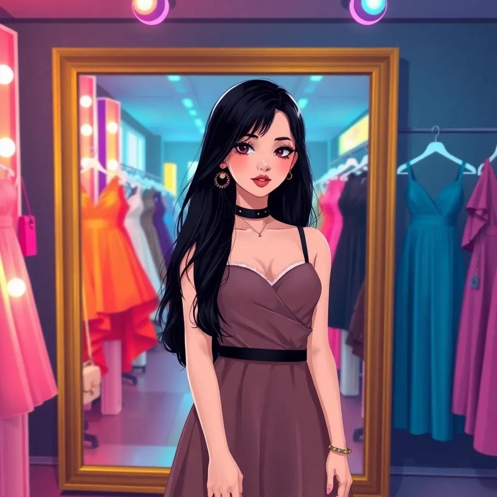 Fatma, a young girl with long black hair in a stylish dress, posing in front of a big mirror with colorful lighting, surrounded by beautiful dresses and accessories, illustration, engaging, fashion-themed, inviting