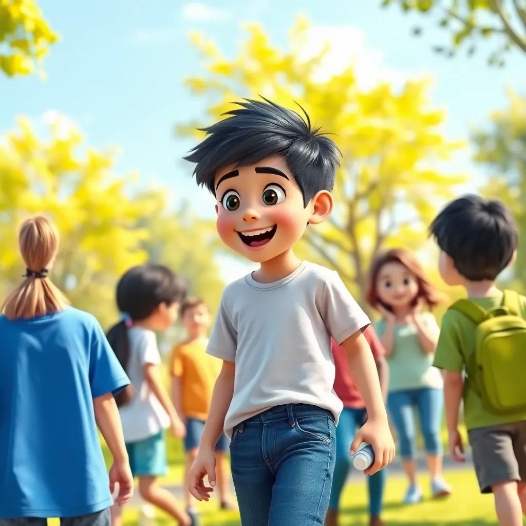 A 10-year-old boy, Said, with dark hair and wearing a t-shirt and jeans, excitedly talking to his friends in a sunny park, digital art, vibrant colors, cheerful atmosphere, child-friendly, high quality