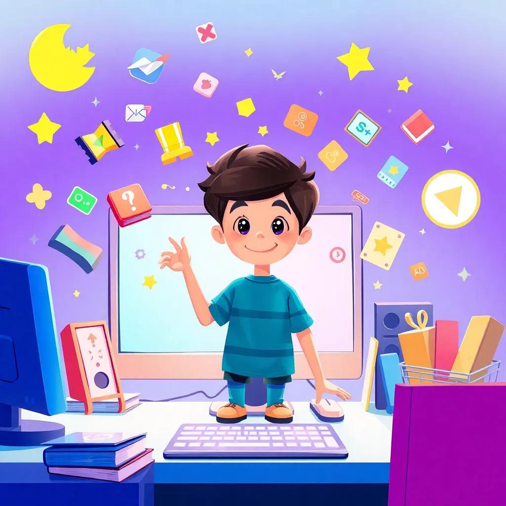 Said entering a bright colorful world of the internet on his computer, surrounded by floating icons of games, movies, and books, illustration, engaging, whimsical, child-friendly