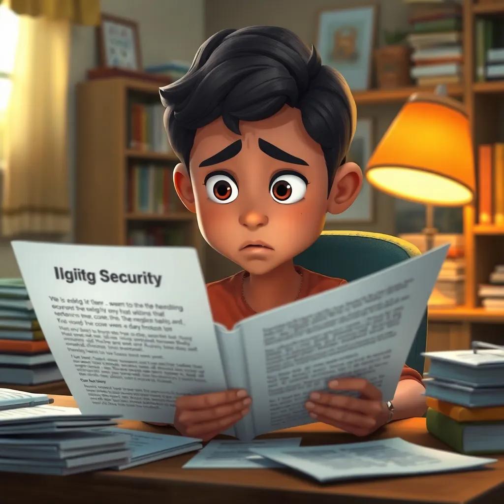 Said reading a blog post about digital security, sitting at a desk with a worried expression, papers and books scattered around, warm light, cozy room, detailed, inviting, child-friendly