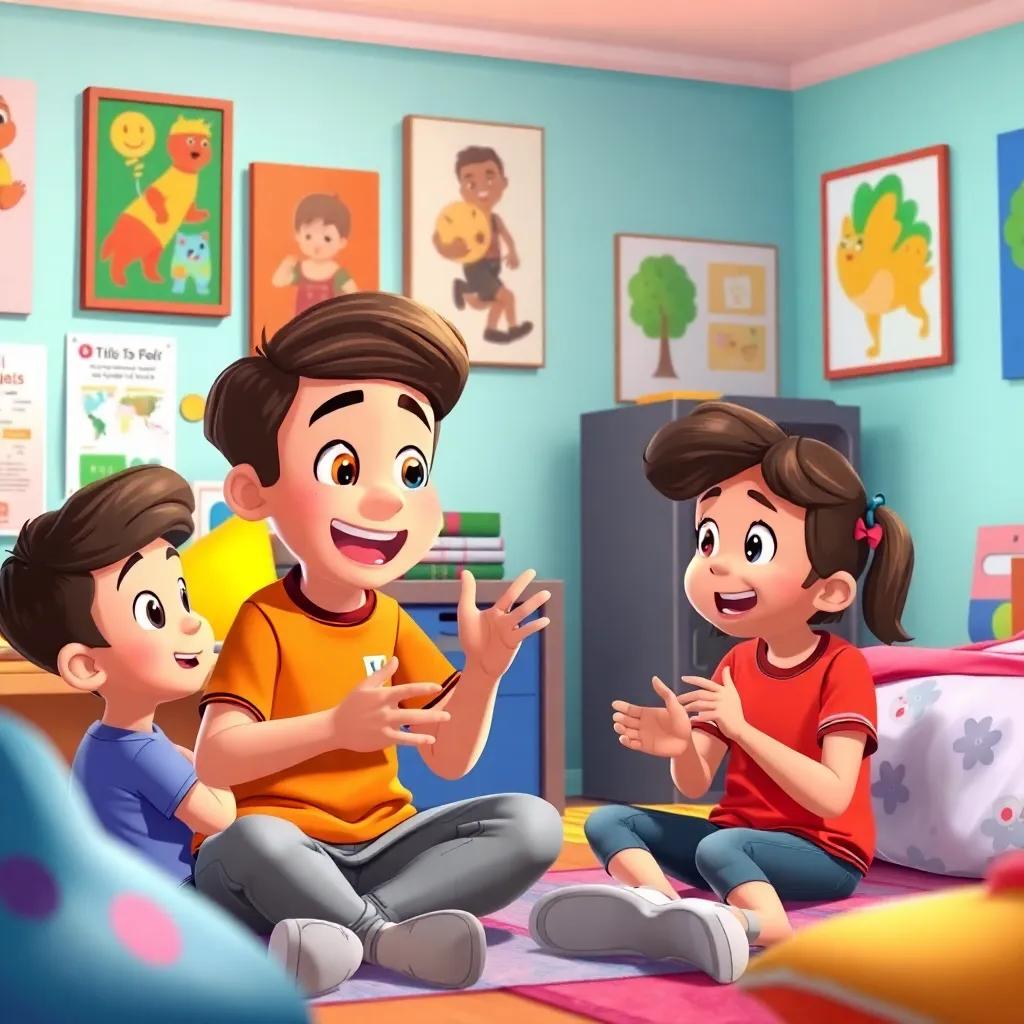 Said passionately discussing online safety with his friends in his room, with colorful posters on the walls, colorful environment, animated expressions, child-friendly