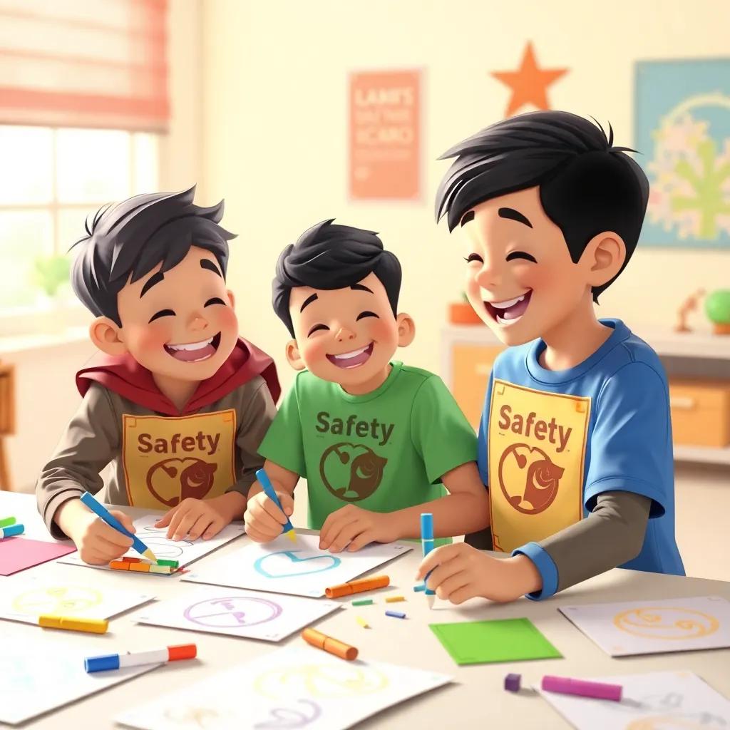 Said and his friends creating safety posters, with markers and colorful papers spread out on a table, laughter and creativity in the air, bright colors, child-friendly