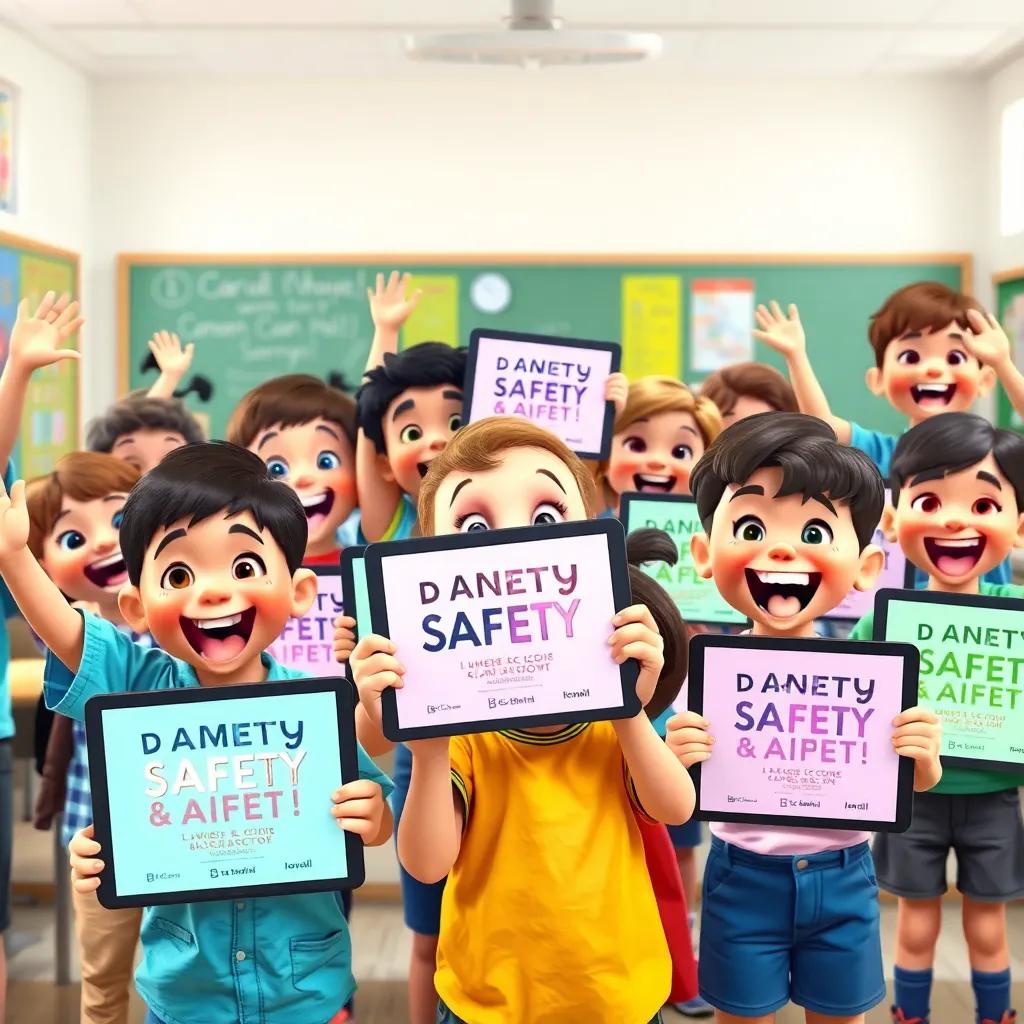 A group of excited children displaying digital safety posters at school, with smiling faces and energetic gestures, classroom background, bright and lively, engaging atmosphere, child-friendly