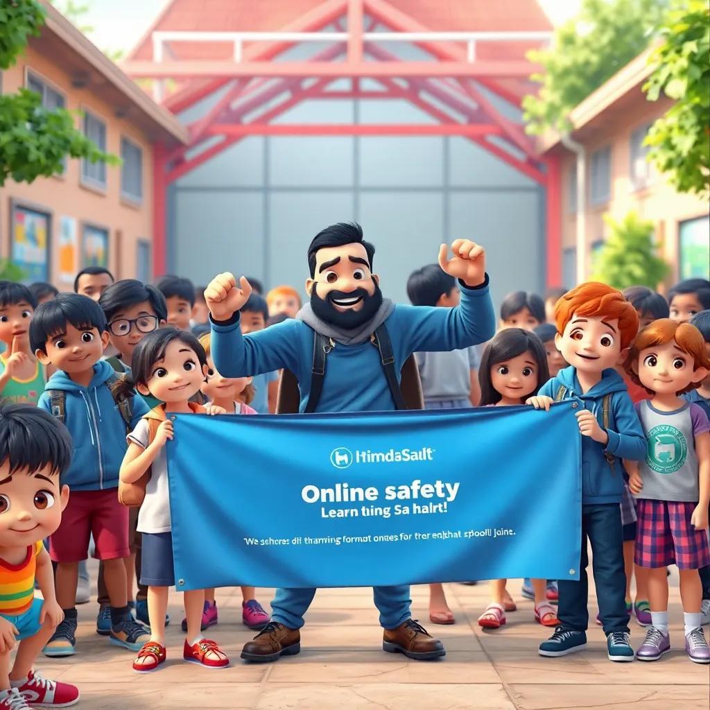 Said and his friends posing heroically with a banner of online safety, in front of an audience of impressed children, vibrant schoolyard, inspiring atmosphere, child-friendly