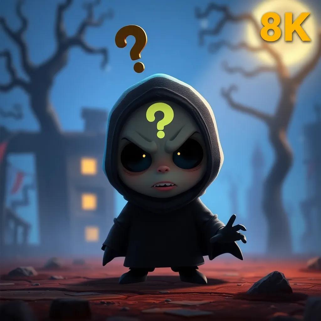 A mysterious character appearing in a digital game, with a spooky look and question mark over his head, dark colors, sense of danger, whimsical but still child-friendly, engaging