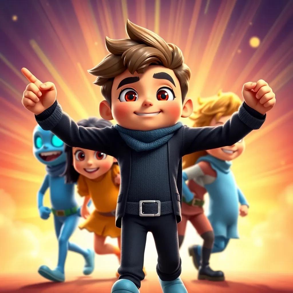 Said confidently leading his friends against the digital threat, with a brave expression, bright colorful background symbolizing teamwork and strength, uplifting imagery, child-friendly