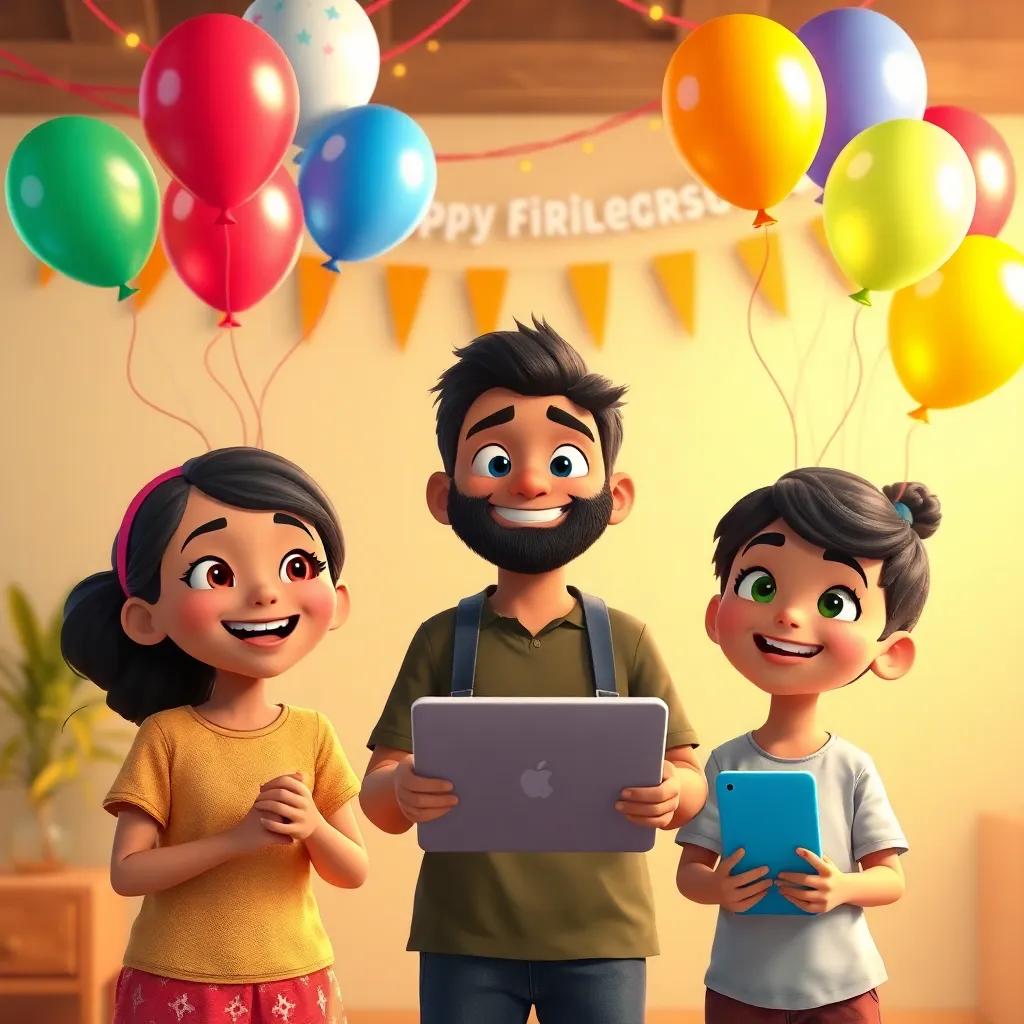 Said and his friends celebrating their success in teaching digital safety to their community, with happy faces and colorful balloons, festive atmosphere, child-friendly