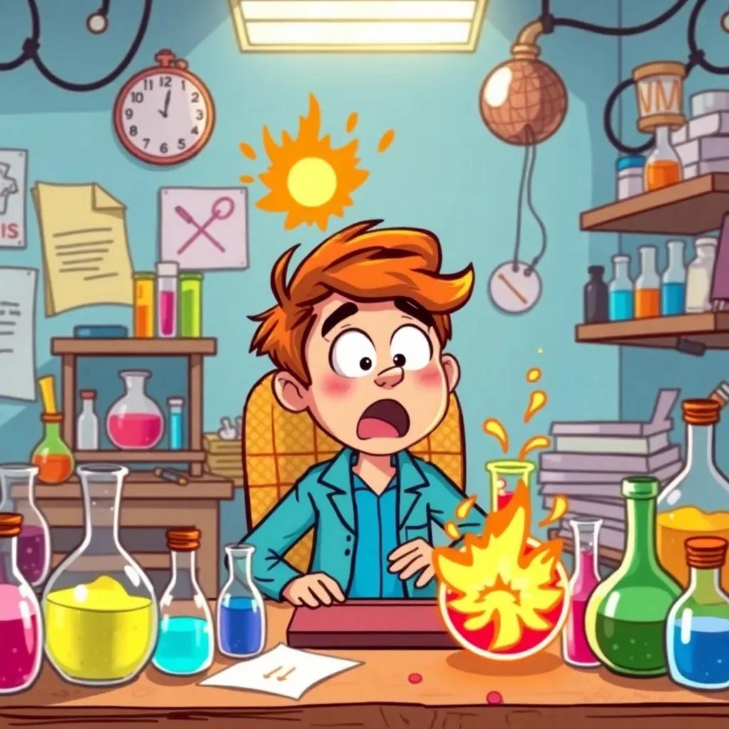 Adam, in his lab with a messy desk, looking shocked at a small explosion, with colorful beakers around him, lively atmosphere, playful chaos, cartoon style, colorful