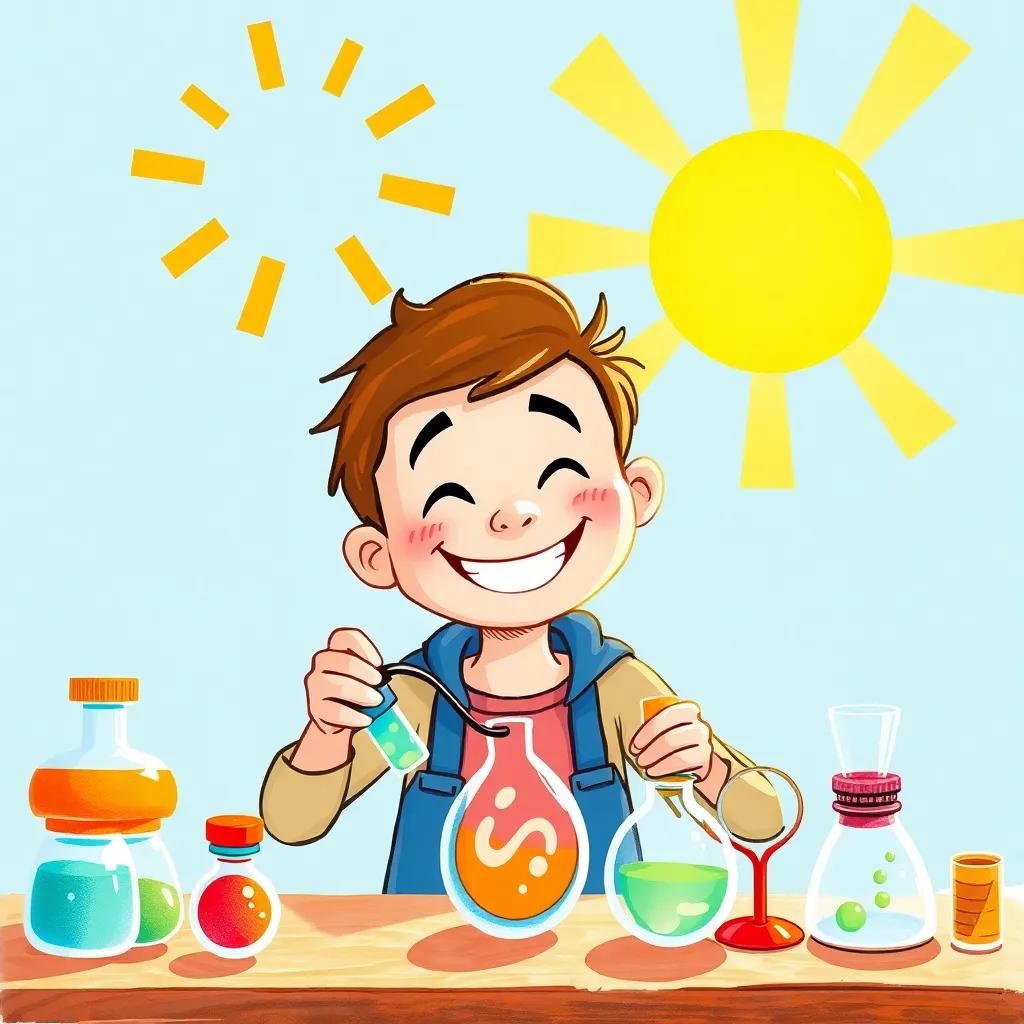 A sunny day, Adam with a big smile, carefully conducting an experiment with a new idea, various colorful equipment, vibrant light and hopeful feeling, cheerful illustration